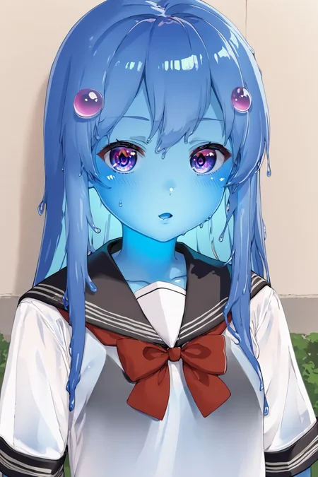 score_9, score_8_up, score_7_up, source_anime, 1girl, solo focus, face focus, detailed face, detailed eyes, upper body, monster girl, slime girl, long hair, blue skin, transparent body, (luminous:1.4), (glowing body:1.2), see-through clothes, school uniform, <lora:SlimeGirlsUnhingedPDXL:1>