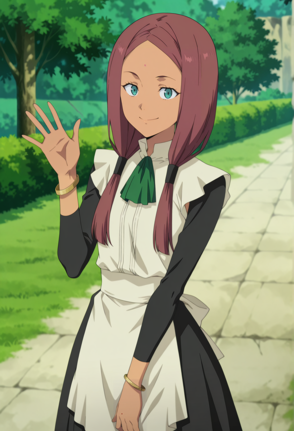 anime screenshot, anime screencap, anime coloring, 1girl, dark skin, forehead mark, aqua eyes, brown hair, maid, apron, green ascot, low twintails, bracelet, outdoors, gardent, looking at viewer, smile, cowboy shot, waving    <lora:ran_seikishi_illus_r1:1>, masterpiece, best quality, amazing quality, very aesthetic, absurdres, highres, newest