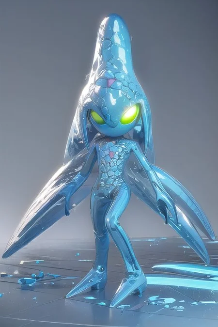 Tall, High quality, nonblurry, male focus, Ultra HD, HDR, 4K, hyperdetailed, smooth lighting, solo, (fully clothed, masterpiece, epic lighting, good shading, studio quality), (Chaos, blue water body, two lime eyes, no pupils, pink brain, transparent, battle stance, long arms), ((epic lighting)), best_quality, perfect, cinematic lighting, highest quality, intricate details, hdr, cinematic, intense,