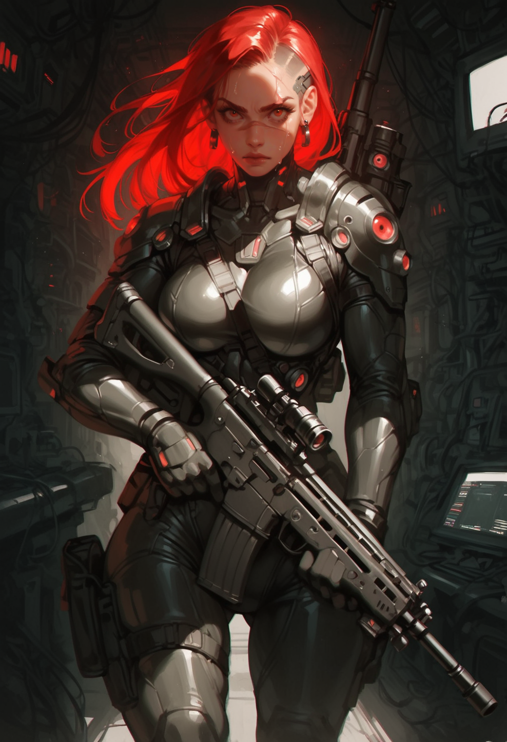 , depth of field,   , dynamic lighting, sweat, (scar on face:1.2) red hair, red hair
1girl, weapon, gun, black hair, rifle, holding, armor, solo, science fiction, holding weapon, holding gun, earrings, jewelry, looking at viewer, long hair, assault rifle, monitor, bodysuit, cyberpunk, black eyes, shoulder armor, holstered, weapon on back, large breasts, walking, cables, red eyes,, zPDXL3, detailxl,  Score_PnyReal, (lineless:1.5)
