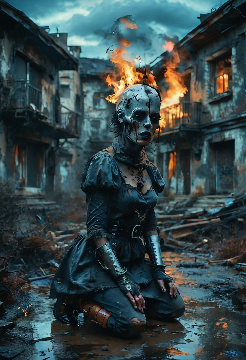 (Full body photograph, ultra-realistic:1.2). score_9, score_8_up, score_7_up, female gothic sexbomb knight , portrait, kneeling, defeated, tired, gothic armor, open helmet, temple, reflections, highly detailed, film grain, <lora:zy_Realism_Enhancer_v1:0.75>
BREAK scenery. sky. outdoors. cloud. fire. building. tree. burning. cloudy sky. smoke. sunset. nature. city. cityscape. blue sky. The photograph captures a moment during sunset with dramatic cloud formations that are tinged by fiery oranges and deep purples against an otherwise muted sky.
<lora:MoodySky_set2:0.67:0.33>