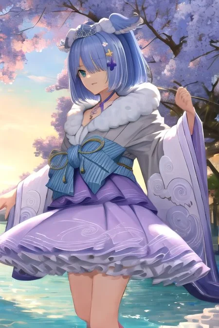 solo, 1girl, solo_focus, (((masterpiece))), ((best quality)), ((ultra-detailed)), high resolution, absurdres, highres, ultra-detailed 8k unity wallpaper,
elira2st, tiara, japanese clothes, grey kimono, wide sleeves, single thighhigh, purple skirt, off shoulder, necklace, fur trim, thigh strap, tabi, sandals, purple nails