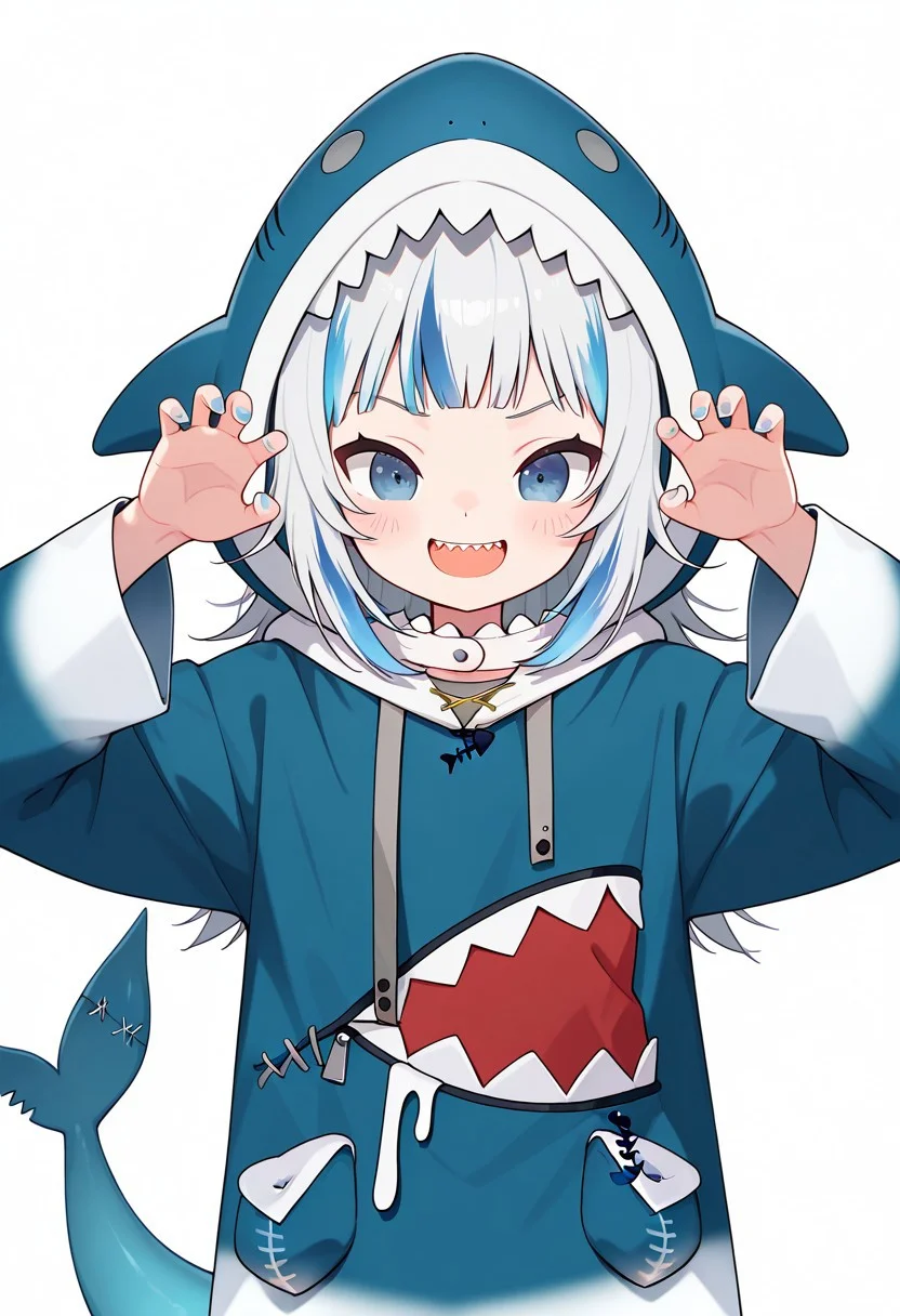 score_9, score_8_up, score_7_up, score_6_up, Enchanting Eyes, Bromeliad style, aesthetic, absurdres, beautiful, highres, detailed eyes,((solo)), 1girl, Houshou Marine, hololive Gawr Gura
,gawr gura, blue hoodie, shark hood, sharp teeth, shark tail, rawr pose