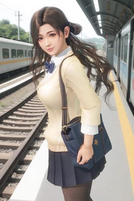 score_9,score_8,score_7_up,best quality,high detailed,
sayuri \(doa\), 1girl, solo,
mole under eye, brown eyes, dark brown hair, shiny hair,long hair, wavy hair, half updo, parted bangs, asymmetrical hair, single side bun,
waitng for train,yellow sweater jacket,open jacket,white shirt,shirt_tucked_in, long sleeves,sleeves pass wrist, black_collar,black pleated skirt,carrying school bag,(brown loafter),black pantyhose, blue bowtie,
long wide-shot,vivid colors,complex background,(train,stop,railroad tracks, railroad signal, sea, train station), from side,full train,
<lora:doa_sayuri_pdxl_v11:0.9>