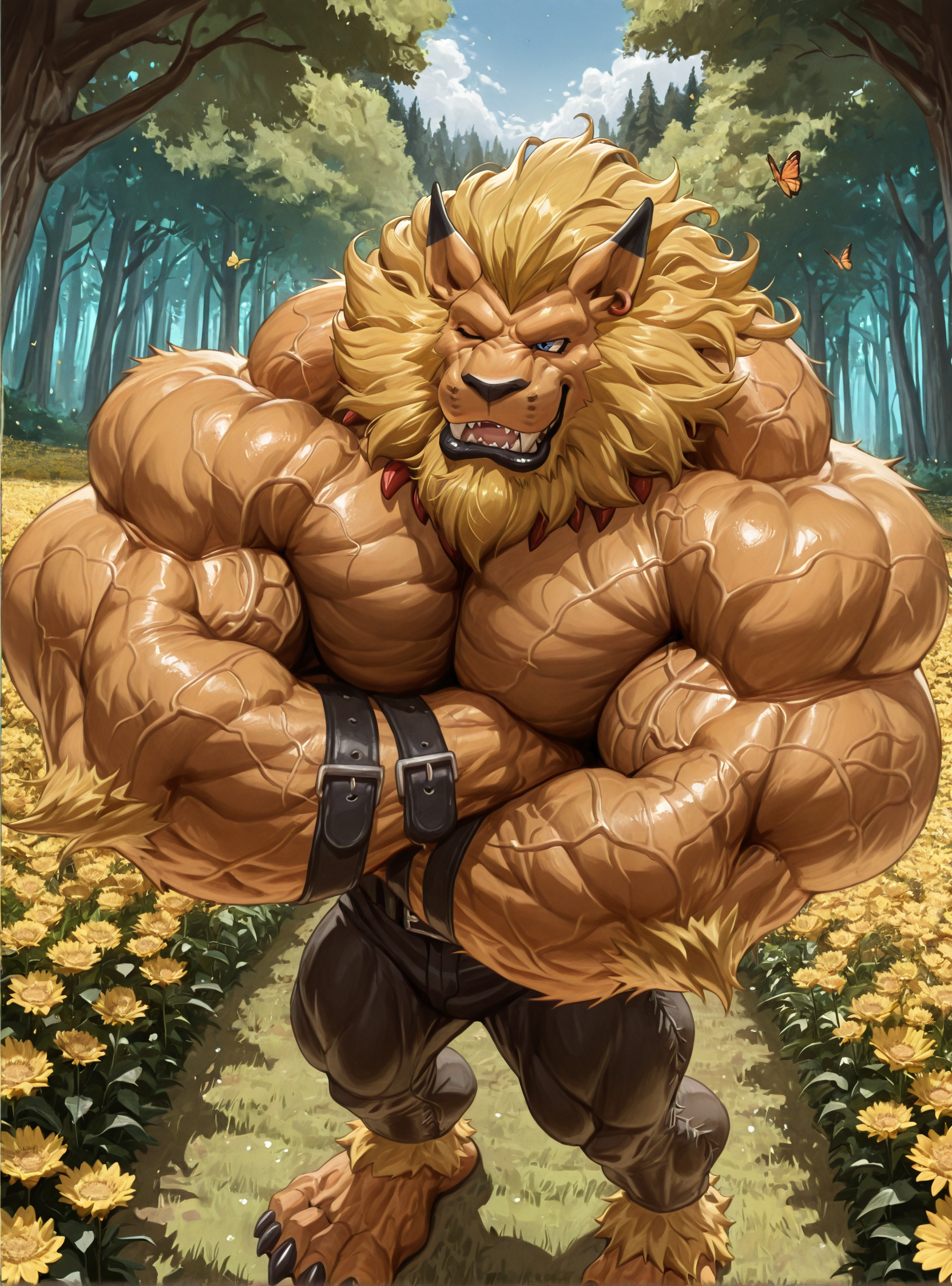 masterpiece, best quality, amazing quality, very aesthetic, absurdres, newest, high quality, detailed, male, solo male, 1boy, mature male, unique angle, unique perspective, male, huge muscles, muscle body, muscle biceps, muscle chest, smug smile, one eye closed, <lora:Uneven_Growth_PonyILXL:0.4>, veiny muscles, veiny body, veins, big fangs, <lora:Male_hyper_muscle_neck:0.5>, athletic build, monster boy, very hairy , <lora:Leomon (2):0.9>, leomon, <lora:add-detail-xl:0.5>, detailed face, perfect face, perfect eyes, <lora:zoroj_IL_2:0.3>, <lora:Close-up shot focusing:0.7>, up view, butterfly, flower field, forest,   <lora:Male_Himbo_Lips:0.4>, thick lips, lower lip only, black pants, topless, detailed eyes, fangs, belt