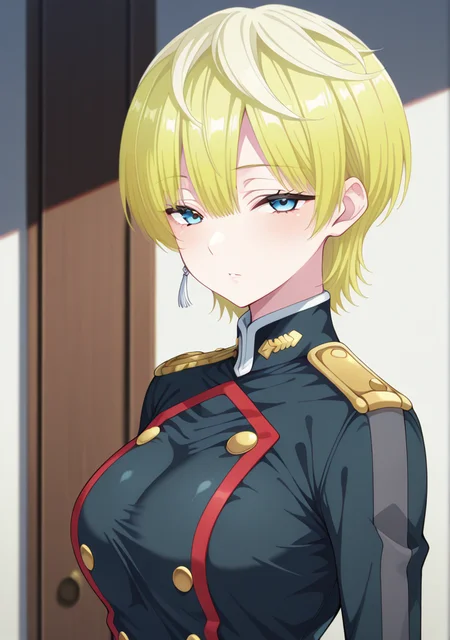 masterpiece,best quality,amazing quality,
1girl,looking at viewer,upper body,military uniform,
<lora:matochara:1>,izumo tenka,blonde hair,blue eyes,earrings,