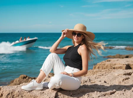Wide angle long distance shot of stylish blonde woman is sitting gracefully on jagged coastal rocks, facing the sun-drenched sea. She exudes relaxed confidence with a model-like posture â one hand resting on her knee, the other adjusting a chic straw hat that casts a soft shadow over her sunglasses. She wears a sleeveless black top tucked into crisp white pants, paired with white sneakers â a blend of casual elegance and coastal fashion. The warm sunlight highlights her fair skin and long, loose blonde hair flowing gently under the hat. Behind her, a sleek speedboat with blurred passengers cuts across the vibrant blue sea, adding a dynamic, cinematic contrast to her serene pose. The entire composition feels like a moment captured from a luxury lifestyle editorial