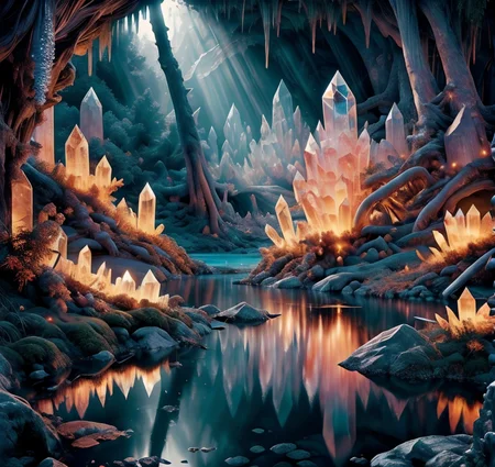 RAW photo, (masterpiece:1.3), subsurface scattering, heavy shadow, (high quality:1.4), (intricate, high detail:1.2), professional photography, HDR, High Dynamic Range, realistic, ultra realistic, photorealistic, high resolution, film photography, ambient lighting, atmospheric effects, <lora:detail_slider_v4:2>, OverallDetail, <lora:CrystalCaves:1>, cave, cryca, crystal, forest, gem, nature, no humans, outdoors, reflection, rock, scenery, water