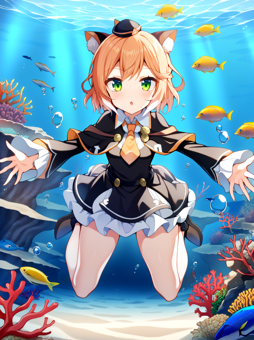 1girl,msakn,green eyes,black dress,full body, spread arms, outstretched arms, masterpiece, best quality, very aesthetic, absurdres underwater, air bubble, bubble, swimming, freediving, sand, coral, coral reef, fish, bottom sand,small hat   <lora:sdxl_mousse_arknights:1>