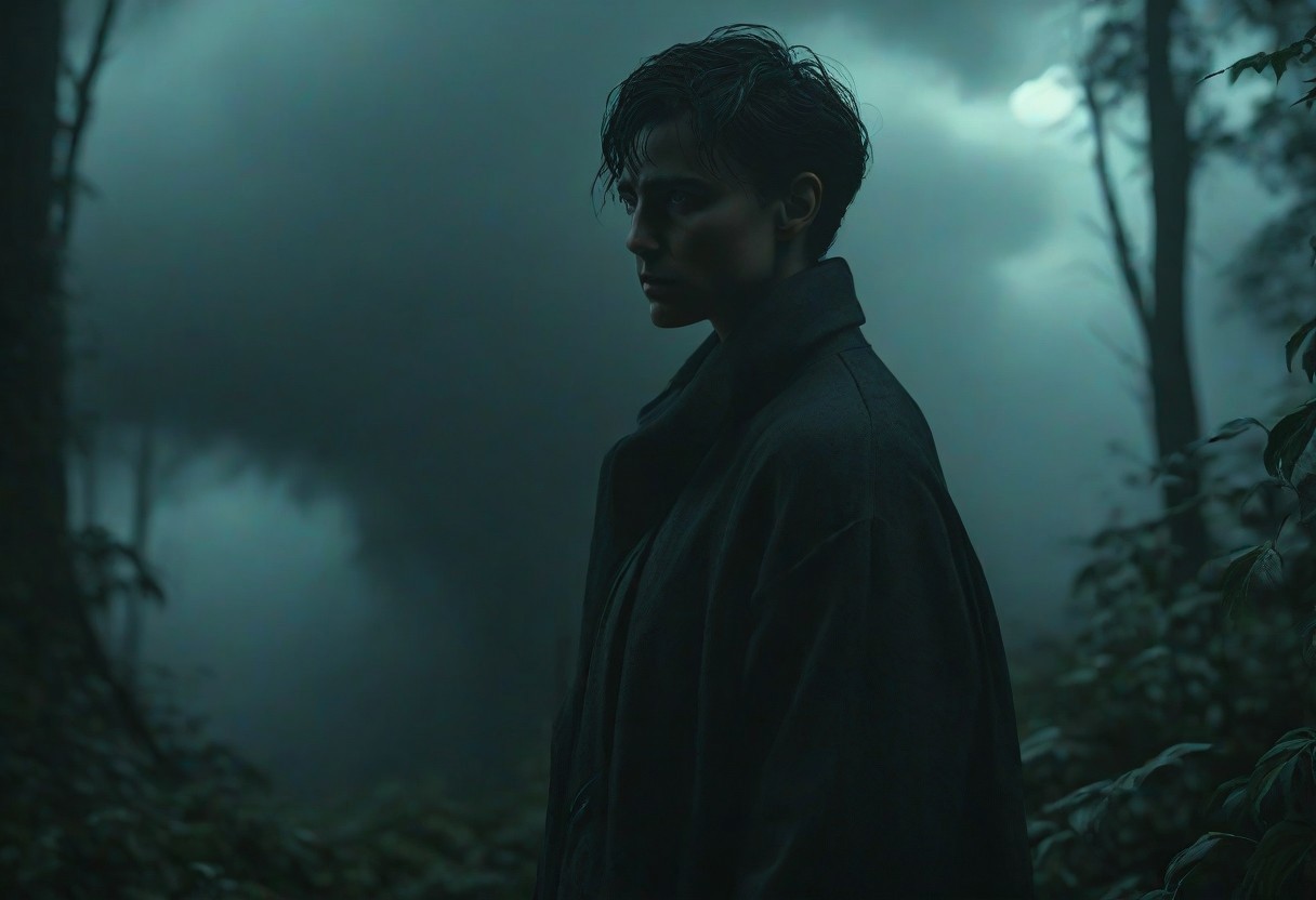 Darkest Hours.
Thick clouds.
Sadness.
Gothic figures.
Myst.
Dark.
Black.
Forests.
Life-like entire figure portrait.
Cinematic. Dramatic. Dynamic. 
Pristine Aesthetic.
Hyper-Realism.
Enigmatic.
Emotionally Moving.
Moody.
Extremely refined lines and and shapes.
Extremely refined details on objects.
Sharp details.
Complementary colors.
Many details everywhere. Ray-Tracing. Anti-Aliasing. Realistic soft shadows. Low saturation colors. Insane quality. Insane resolution. Insane details. Masterpiece. 32k resolution.