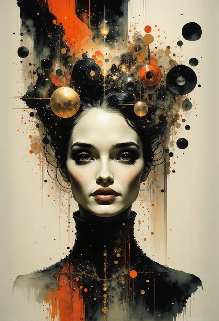 A surreal, intricate portrait of a woman with an expressionless face, painted in a style that blends surrealism and steampunk elements. Her hair is transformed into a chaotic, complex network of gears, pipes, cogs, and abstract shapes, reminiscent of mechanical machinery and cosmic designs. Some gears and circles seem to float around her head, as if depicting an abstract universe of thoughts and ideas. The muted background, composed of faded lines, curves, and soft sepia tones, enhances the surreal atmosphere, while subtle accents of red and orange highlight specific elements within the composition. The overall scene evokes a sense of introspection and complexity, suggesting an intricate mind filled with endless connections and thoughts. <lora:Risograph_Style_FLUX_by_Ethanar-000001.safetensors:1.0>, <lora:ancient.safetensors:1.0>, <lora:aidmaInkStyle-FLUX-V0.1.safetensors:0.75>, <lora:Elden_Ring_-_Yoshitaka_Amano.safetensors:1.0>, <lora:Ethereal Grace - s1 g4.safetensors:1.0>, <lora:Luminous_Shadowscape-000016.safetensors:0.2>,