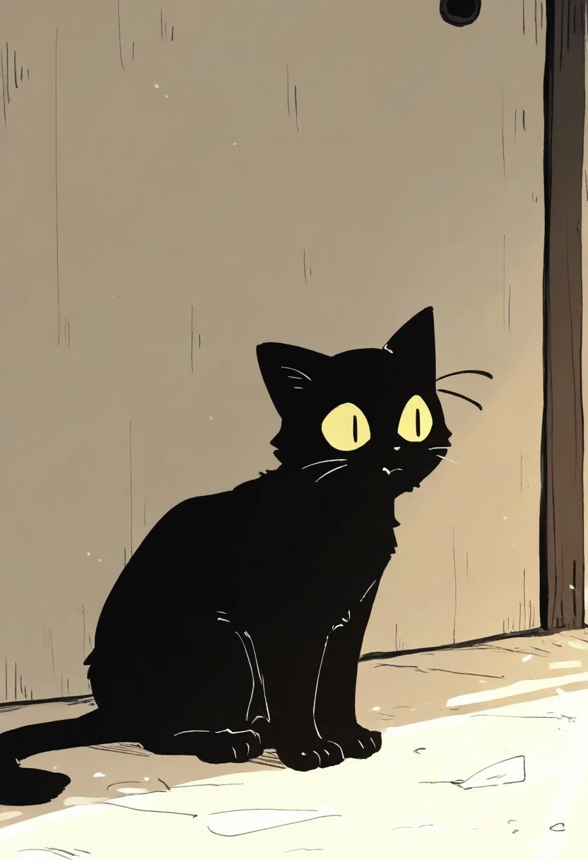 chii-kun \(seedyoulater\), naguru \(cyoroama\), 
very awa, masterpiece, highres, absurdres, newest, year 2024, year 2023, 
(cat:1.2), black cat, (no humans:1.1), scared, paws, fur, (cute:1.2), comfy, solo, standing, 
side street, OO,
day, sunlight, sunrays, single fang, fang out, 
<lora:TA_trained:0.75>, <lora:ponyv4_noob1_2_adamW-000017:0.33>, <lora:shiroski:0.75>,