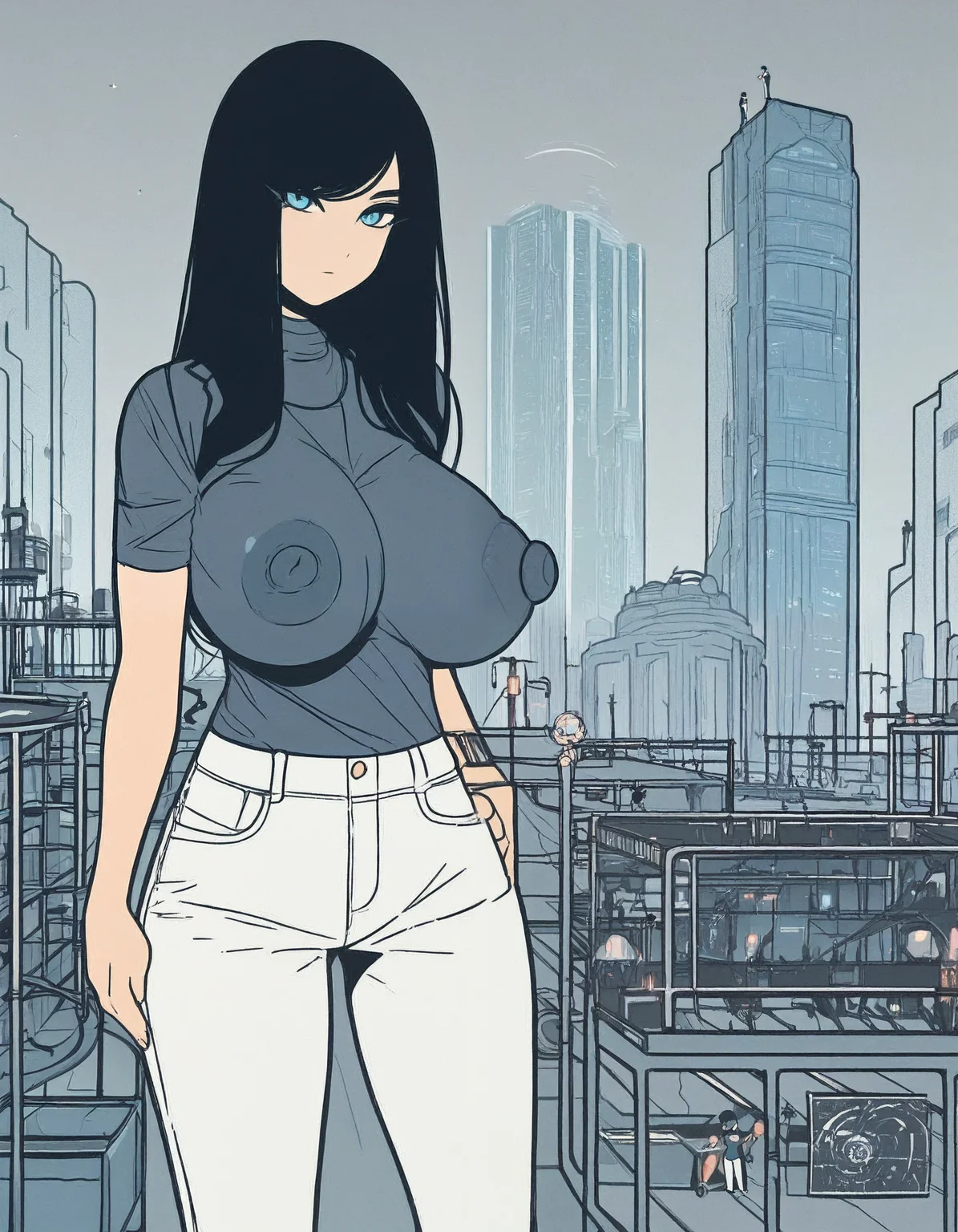 flat color, black outline, 1girl, aesthetic face, blue eyes, long black hair, bangs, large breasts, large nipples, white pants, skatepark, sci-fi city, overcast