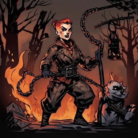 high-definition 8k comicish artwork in dgst artstyle of an acrobat woman at night, (buzzcut, gambeson, fur belt, short sleeves, loose breeches, gloves), firebreathing, smoke and fire effects, holding staff on fire