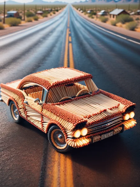 A classic car made of ais-matches, driving along Route 66 <lora:Matches_Style_SDXL:1>