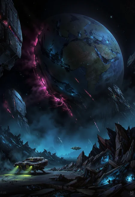 A digital painting in the style of ck-js, depicting a small, rugged prospecting ship navigating through the colossal, shattered remnants of a planet destroyed by an ancient cataclysm. Immense, continent-sized fragments drift silently in space, pulsating internally with unstable energy (intense electric blues and vibrant magentas). The ship's focused searchlights pierce the energized dust, illuminating jagged, crystalline structures within the debris field. The palette features deep space black, the chaotic, high-energy glow of the fragments (electric blues/magentas), and the contrasting sharp green of the ship's lights. Focus is on navigating immense, dangerous scale and the aftermath of destruction.