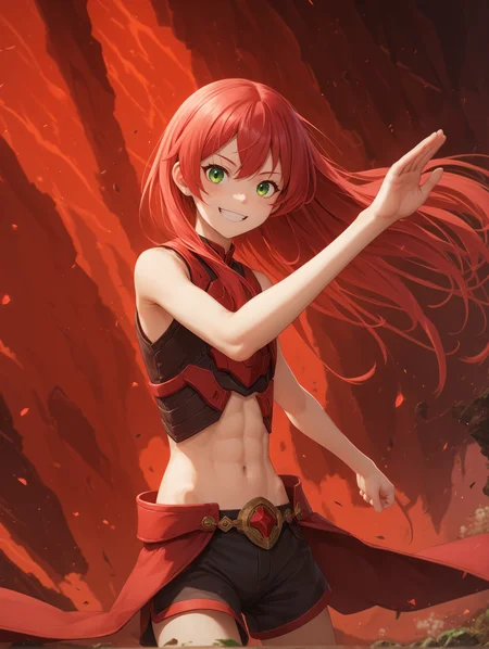 Ruby, 1girl, young, solo, anime style, absurd res, best quality, masterpiece, detailed skin texture, vibrant, perfect light, prefect shadow, very detailed, hyper detailed, detailed clothes, high resolution illustration, score_9, score_8_up, score_7_up, source_anime, <lora:st4t1ctvXLP:1>, st4t1ctv, chromatic aberration, perfect hands, green eyes, red hair, long hair, straight hair, slim, petite, narrow waist, femine, smile, midriff, (abs:0.85), action, tempting, femine body, cowboy shot, dynamic, action-packed, <lora:Concept Art Ultimatum Style LoRA_Pony XL v6:0.3>