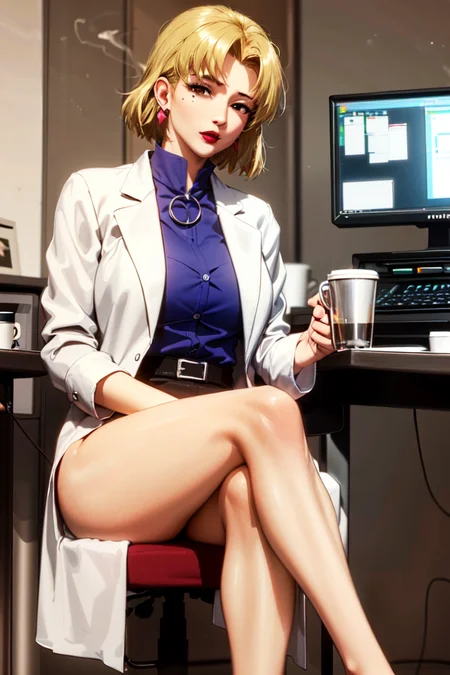 (masterpiece, best quality:1.2), 1girl, solo, sitting, office chair, desk, computer, coffee mug, short hair, large lips, bangs, blonde hair, brown eyes, large breasts, blue shirt, labcoat, pencil skirt, earrings, mole under eye, makeup, lipstick, red lips, legs crossed, leaning over, holding cigarette <lora:RITSUKO-15:0.7>