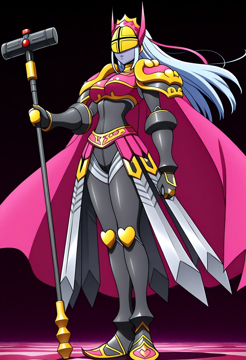 finetuneanime, anime screencap, official art, detailed anime, ultra detailed anime art, anime screencap, screencap, score_9, score_8_up, score_7_up, masterpiece, anime coloring, source_anime, Queen Chessmon, 1girl, armor, long hair, cape, black bodysuit, shoulder armor, colored skin, breastplate, bodysuit, (((large breasts, curvy, wide hips))), narrow waist, digimon \(creature\), high heels, weapon, silver-blue hair, helmet, pauldrons, grey skin, boobplate, heart, gloves, crown, boots, covered eyes, pink cape, full armor, parted lips, ((lipstick, purple lips)), belt, black gloves, spikes, waist cape, faulds, gauntlets, makeup, horns, jewelry, shoulder pads, mask, gold armor, bracelet, skin tight, armored skirt, swords on skirt, high heel boots
BREAK 
Stable_Yogis_PDXL_Positives, fullbody shot, standing, (((side view))), ass, perfect ass,  ((1hand holding war hammer, holding weapon, war hammer)), posing, dynamic pose,