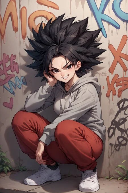 score_9, score_8_up, score_7_up, score_6_up, source_anime, 1girl, solo, <lora:caulifla-pdxl-nvwls-v1-000007:1> defCal, black hair, black eyes, big hair, medium breasts, grey hoodie, red pants, squatting, sneakers, wall, graffiti, looking at you, smug, happy