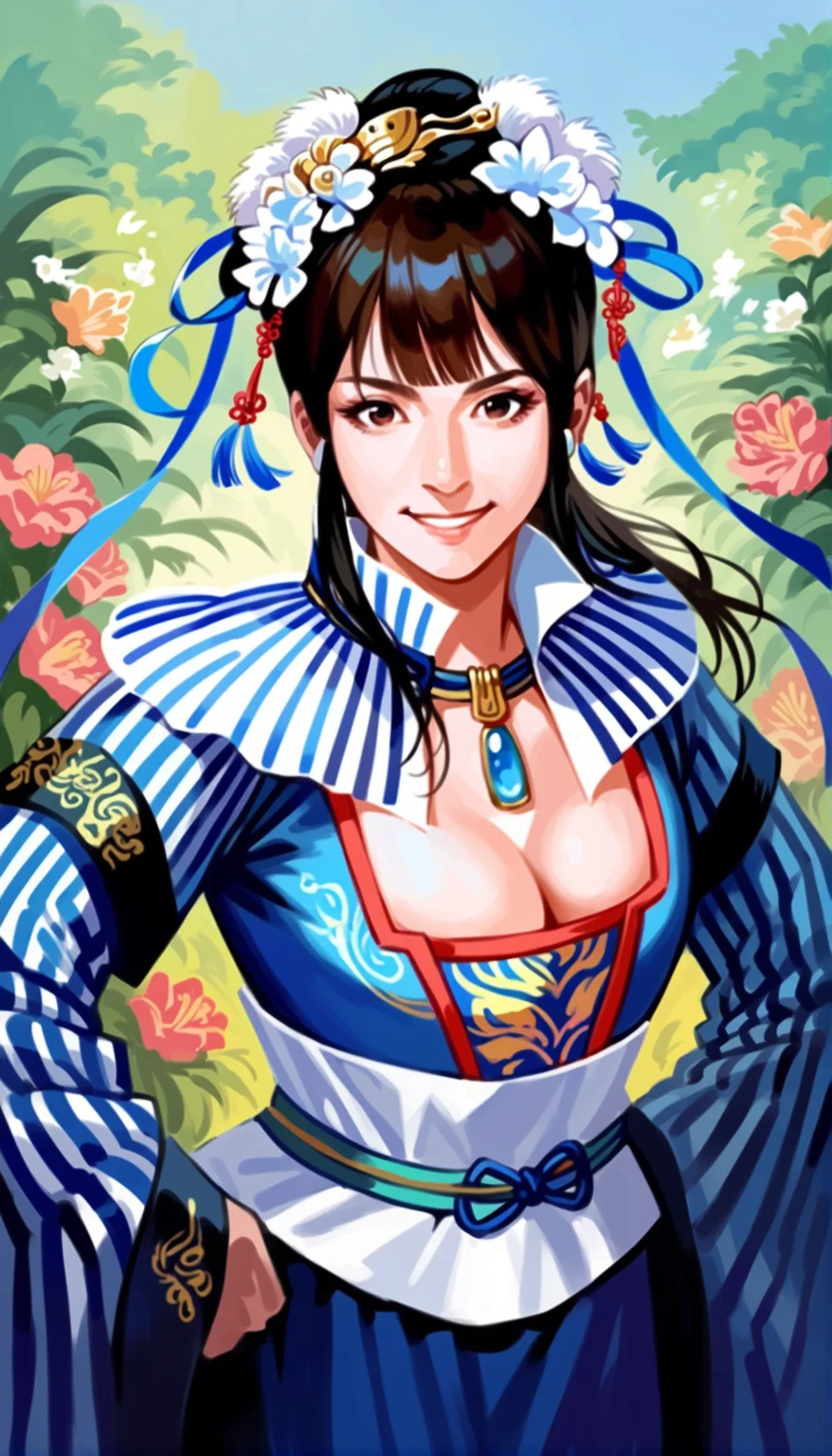 score_9,score_8_up,score_7_up,
<lora:wangyuanji:0.8>,
wangyuanji,1girl,solo,black hair,blunt bangs,updo,hair ornament,blue hair flower,brown eyes,looking at viewer,facing aside,smile,chinese clothes,layered blue and white fabric,sheer collar,blue and white striped cape,blue ribbon,necklace with blue gem,cleavage,upper body,fist on hips,
outdoors,flowers,
