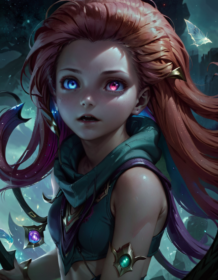 Horror-themed 1girl zoe, (heterochromia), long multi colored hair, league of legends, Low Angle Shot,
 <lora:LolZoeXL:0.9> <lora:xl_more_art-full_v1:0.4>, ZIP2D . Eerie, unsettling, dark, spooky, suspenseful, grim, highly detailed
