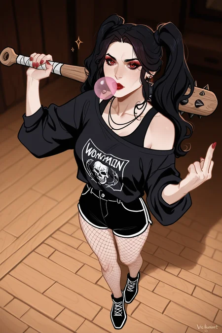 Detailed, details, v4l3nt4in3, multicolored,
Solo, Bad girl, Woman, makeup, twintails, shorts, fishnet pantyhose, off shoulder top, shoes, holds wooden spiked club on shoulder, chewing gum, reaching middle finger on other single hand,
<lora:Valentaine2-illustrious-000016:1>