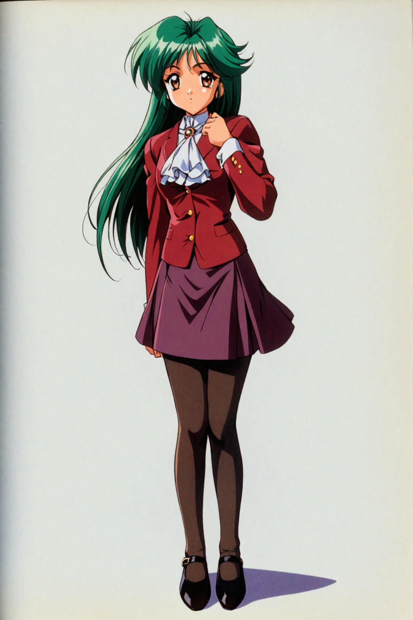 Aso Kasumi,1girl,solo,green hair,pantyhose,long hair,retro artstyle,skirt,full body,1990s \(style\),standing,jacket,long sleeves,simple background,ascot,white background,looking at viewer,
<lora:Tokimeki Memorial 2_XL:0.8>,