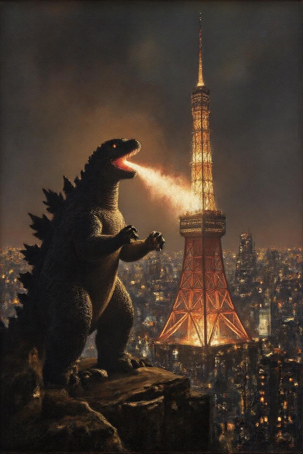 janver1 oil painting of Godzilla breathing fire on Tokyo Tower <lora:janver3_handc_d6a3e13:1.0><lora:806187266075782174:0>