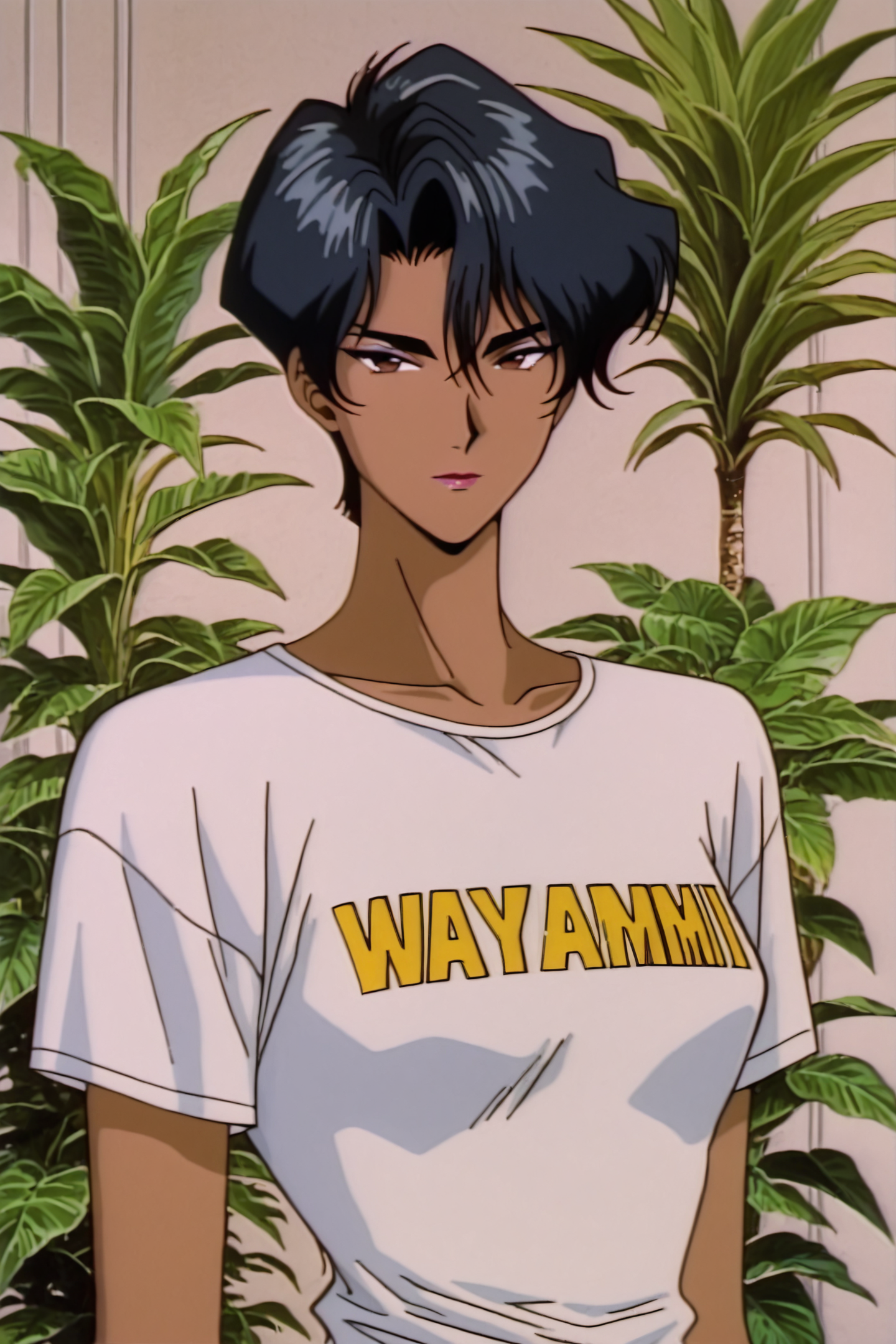 Ayuko Hayami,solo,1girl,dark skin,short hair,black hair,shirt,dark-skinned female,retro artstyle,brown eyes,upper body,looking at viewer,clothes writing,white shirt,plant,1990s \(style\),
<lora:Golden Boy_illustriousXL:1>,