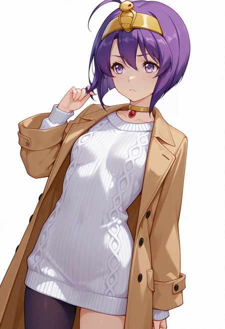 Smooth Quality,masterpiece,very intricate, high quality details, ultra realistic, high detailed skin,detailed enviorement,absurdres,
twirling hair,
 <lora:Medusa_CNR:0.8> medusa_cnr,  1girl, purple hair, short hair, ahoge, bangs,purple eyes, small breasts, hairband, egyptian,, determined,, simple background, white background, dutch angle,solo,, choker sweater,  ,long coat, ,single leg pantyhose, ,