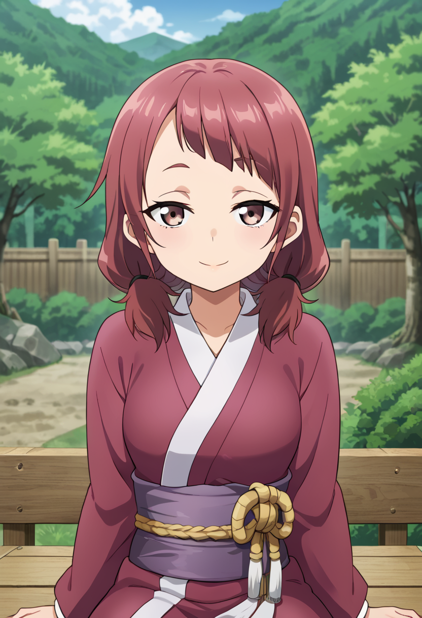 <lora:shakuyako:0.7> shakuyako, smile, looking at viewer, upper body, outdoors, wariza, sitting, japanese clothes,