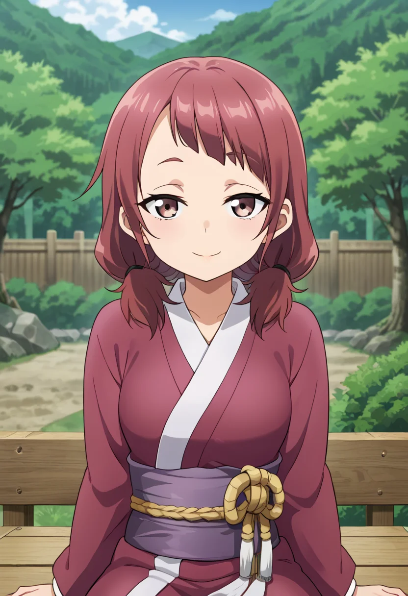 <lora:shakuyako:0.7> shakuyako, smile, looking at viewer, upper body, outdoors, wariza, sitting, japanese clothes,