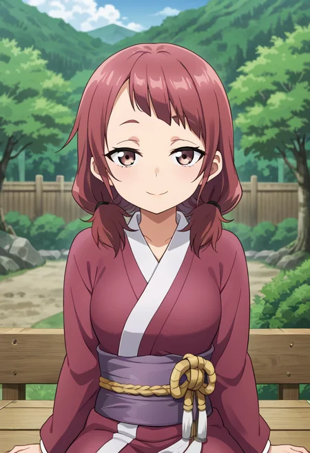 <lora:shakuyako:0.7> shakuyako, smile, looking at viewer, upper body, outdoors, wariza, sitting, japanese clothes,