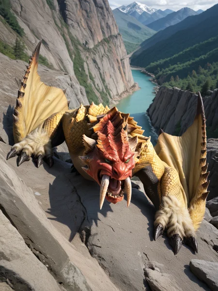 <lora:MH_Barioth_a1_4_PonyXL:0.9>, score_9,score_8_up,score_7_up, mountain climbing photography,
(extreme close_up shot, extreme portrait),cropped photo,high angle, face focus, hardlight,
barioth,feral,solo,hi res,detailed background, climbing up a mountain cliff face,green eyes,red face,yellow body,open mouth,action pose,dust cloud,white fangs, tail, one arm up clawing
, bloom, subsurface scattering, sharp hyper detailed, (shiny metallic skin:1.2), (ultra-detailed short_fur small_scales:1.1), bright highlights, <lora:RM_Enhancer_v1.0_bf16:.1>  <lora:p:.2> <lora:Add_More_details_SD3:.5> ,