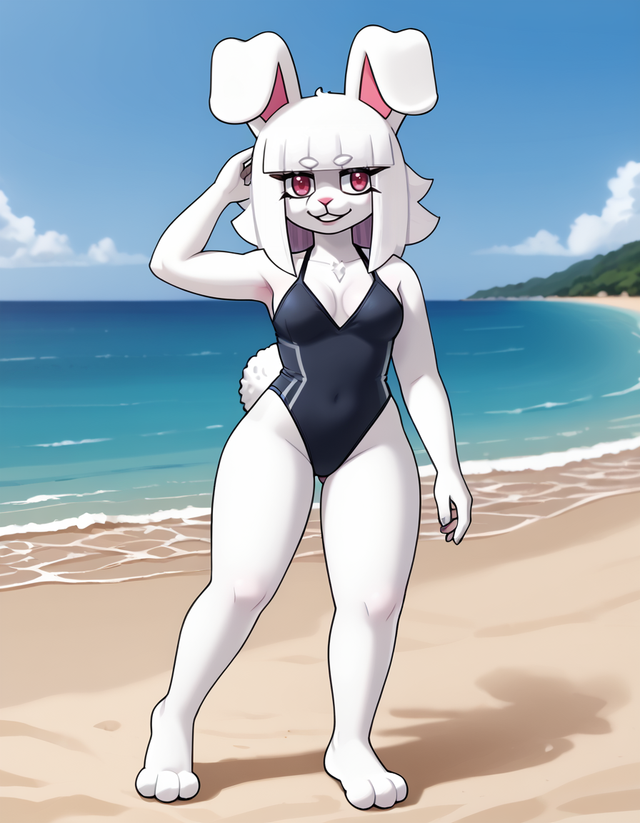 outdoors,beach, 
full body,smile,long eyelashes, 
swimsuit, pose,
<lora:Lornalla_v01_PDXL:1>,Lornalla,1girl,solo,furry female,rabbit girl,rabbit ears,rabbit tail,white hair,blunt bangs,pink eyes,