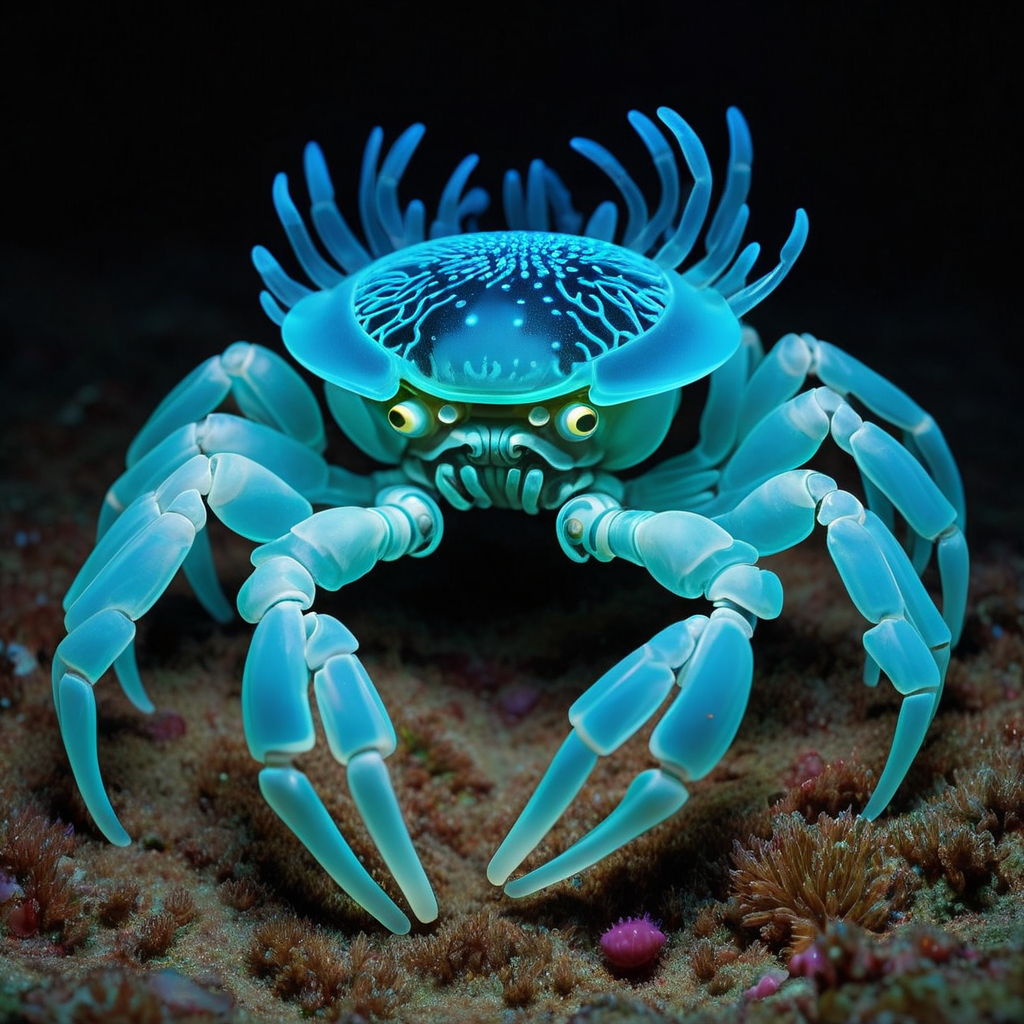 biomechanical bioluminescent crab made out of N30N, <lora:Neon_Sea_Life:0.7>  sea anemone,
