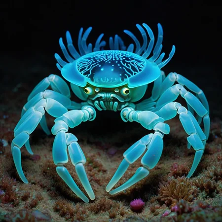 biomechanical bioluminescent crab made out of N30N, <lora:Neon_Sea_Life:0.7> sea anemone,