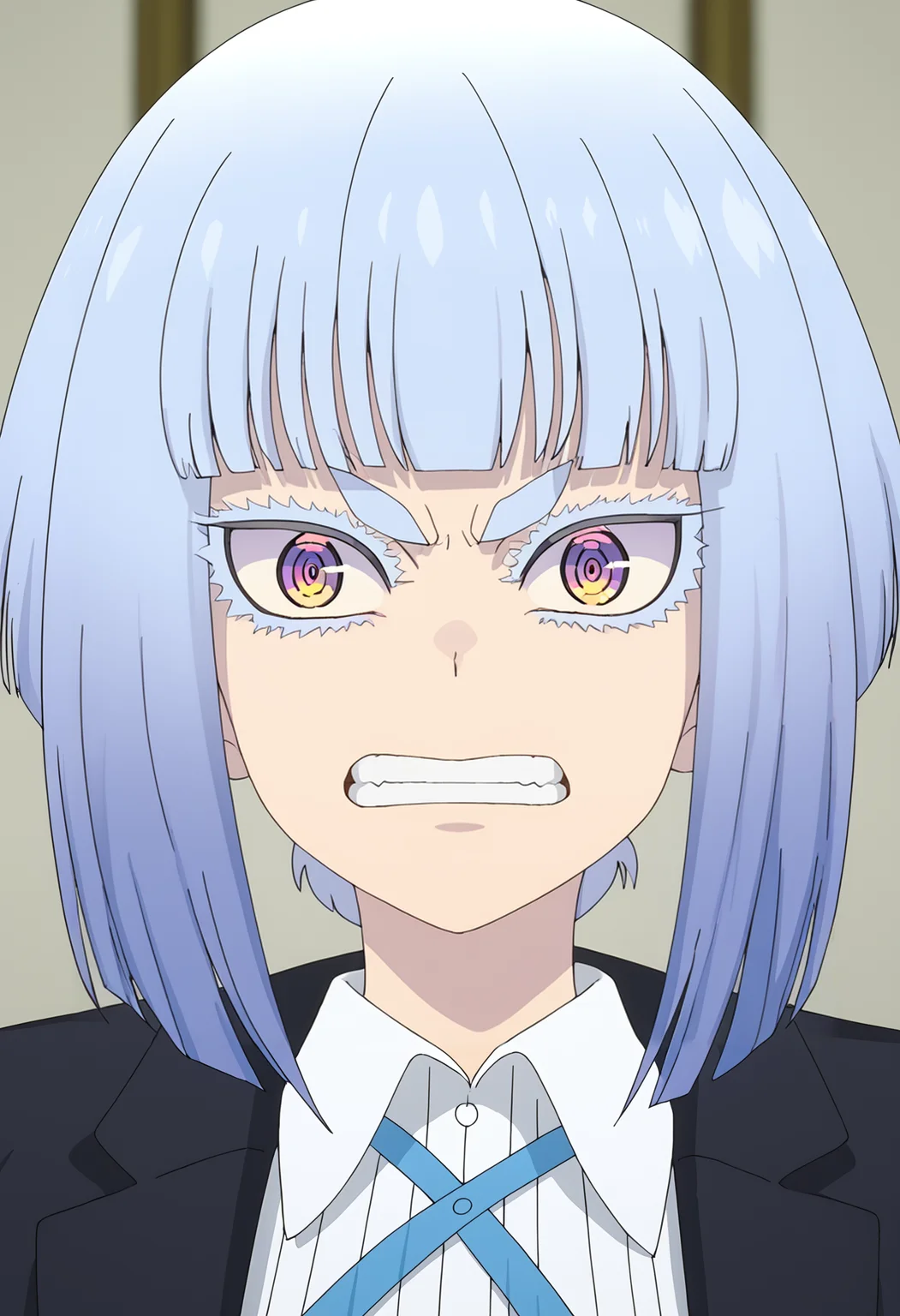 <lora:Shiraya_Tamaki-pony_v1.0-000016:1>,
Shiraya Tamaki, solo, clenched teeth, portrait, teeth, looking at viewer, blunt bangs, shirt, yellow eyes, grey eyes, collared shirt, angry