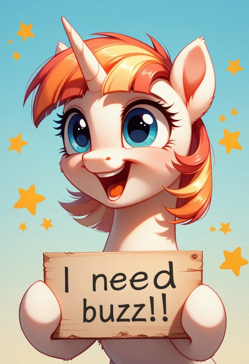 Score_9, score_8_up, score_7_up, best quality, masterpiece, intricate details, OverallDetail, zPDXL, Expressiveh, upper body, close up shot, pastel star
BREAK BREAK, white fur, horn , my little pony, feral pony, solo, 1 female, feral,blue eyes , my little pony, feral pony,1girl, vibrant colors, colorful, solo, cute, petit, smiling, looking forward, she's laughing,
, Detailed background, flat colored, need_buzz, holding sign