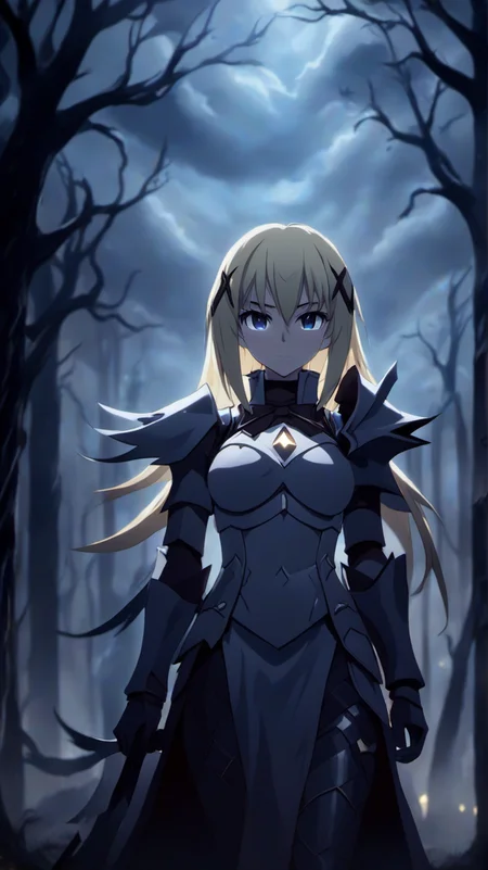 <lora:Darkness:1>
(DarknessKonosuba:1.9), DarknessKonosuba,
DarknessKonosuba wearing Armor,, <lora:Dark Fantasy:1>Dark Fantasy - An intense nightmare scene, with dark, twisted trees, ominous clouds, and eerie shadows, illustrating the consequences of panicking in a lucid dream, where fear manifests into a terrifying reality.