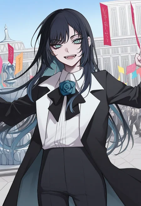 1girl, solo, chando, long hair, flower brooch, blue eyes, mole under eye, blue hair, multicolored hair, blue flower, blue rose, white shirt, collared shirt, black coat, black bowtie, black pants,
laughing, hands in air, cheering, fountain, city square, bustling crowd, clear blue sky, birds flying, colorful banners, lively atmosphere
, <lora:Character_Ado - Chando:0.8>