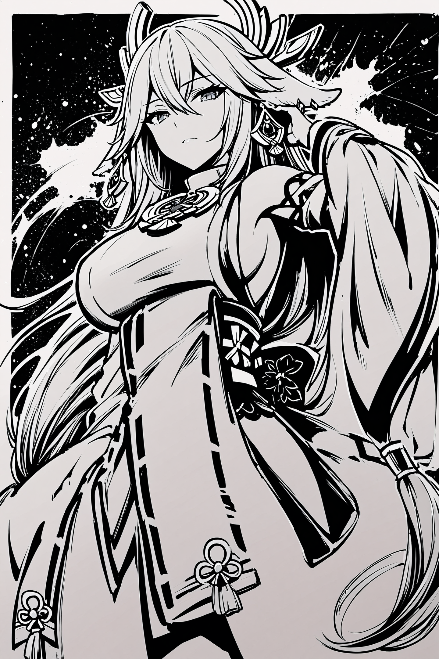 score_9,score_8_up,score_7_up,masterpiece,best quality,
1girl,monochrome,solo,yae miko,greyscale,long hair,animal ears,fox ears,breasts,wide sleeves,detached sleeves,hair between eyes,low-tied long hair,japanese clothes,earrings,looking at viewer,hair ornament,ink \(medium\),
<lora:okazu_XL_PONY:0.9>,