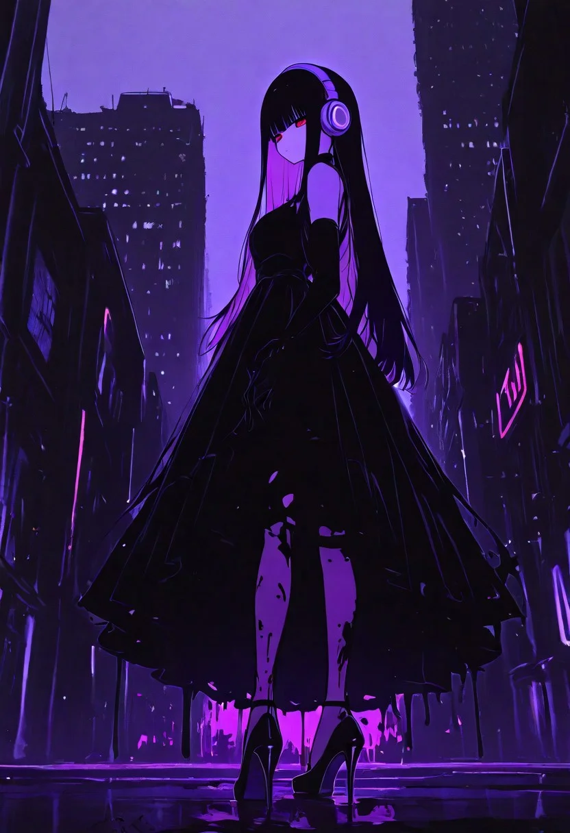 A vector fashion illustration of a beautiful girl in high heels, with headphones on her head and long hair flowing behind her, wearing an elegant dress made from black paint splattered with pink. She stands against the backdrop of modern city buildings. The style is minimalistic and simple, focusing solely on capturing movement and elegance through silhouette. A soft glow emanates from within her to highlight her stylish pose and fashionable attire. High resolution, detailed textures.
, xxx667_illu, melanch0ly, <lora:illustriousXL_stabilizer_v1.23:0.3> <lora:NOOB_vp1_detailer_by_volnovik_v1:0.3> <lora:ponyv6_noobE11_2_adamW-000017:0.3> <lora:XXX667:0.7> <lora:MelancholyAnime:0.8>