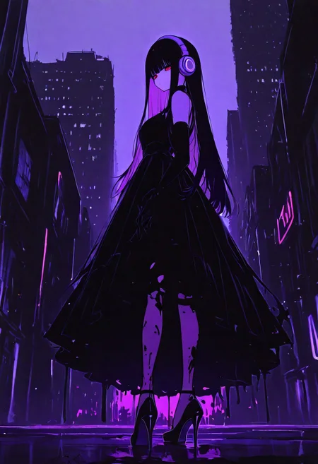A vector fashion illustration of a beautiful girl in high heels, with headphones on her head and long hair flowing behind her, wearing an elegant dress made from black paint splattered with pink. She stands against the backdrop of modern city buildings. The style is minimalistic and simple, focusing solely on capturing movement and elegance through silhouette. A soft glow emanates from within her to highlight her stylish pose and fashionable attire. High resolution, detailed textures.
, xxx667_illu, melanch0ly, <lora:illustriousXL_stabilizer_v1.23:0.3> <lora:NOOB_vp1_detailer_by_volnovik_v1:0.3> <lora:ponyv6_noobE11_2_adamW-000017:0.3> <lora:XXX667:0.7> <lora:MelancholyAnime:0.8>