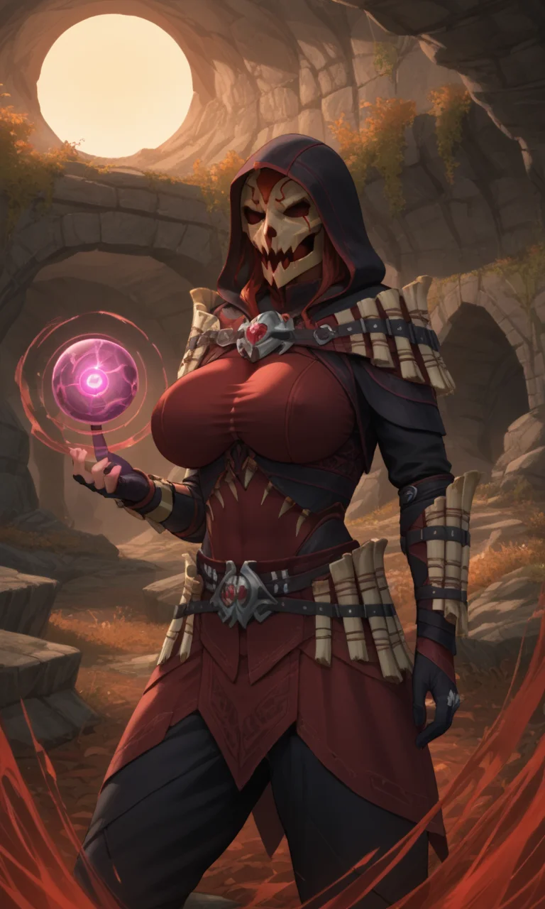 anime style, anime studio, vibrant, (score_9, score_8_up,score_7_up), masterpiece, best quality, ultra quality, (1girl:1.1), <lora:glavakolhoza_shadowscalearmour:0.9>, glavakolhoza_shadowscalearmour, fantasy armour, mask, hood, (big breasts:1.2), curvy, cave, (dark:1.2), lit by torches, standing, dark red magic, (dark red magic flows:1.2), controlling magic, holding a glowing orb of magic, fantasy, evil, villainess, magic seals