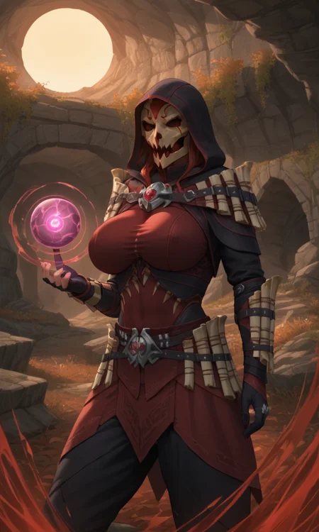 anime style, anime studio, vibrant, (score_9, score_8_up,score_7_up), masterpiece, best quality, ultra quality, (1girl:1.1), <lora:glavakolhoza_shadowscalearmour:0.9>, glavakolhoza_shadowscalearmour, fantasy armour, mask, hood, (big breasts:1.2), curvy, cave, (dark:1.2), lit by torches, standing, dark red magic, (dark red magic flows:1.2), controlling magic, holding a glowing orb of magic, fantasy, evil, villainess, magic seals