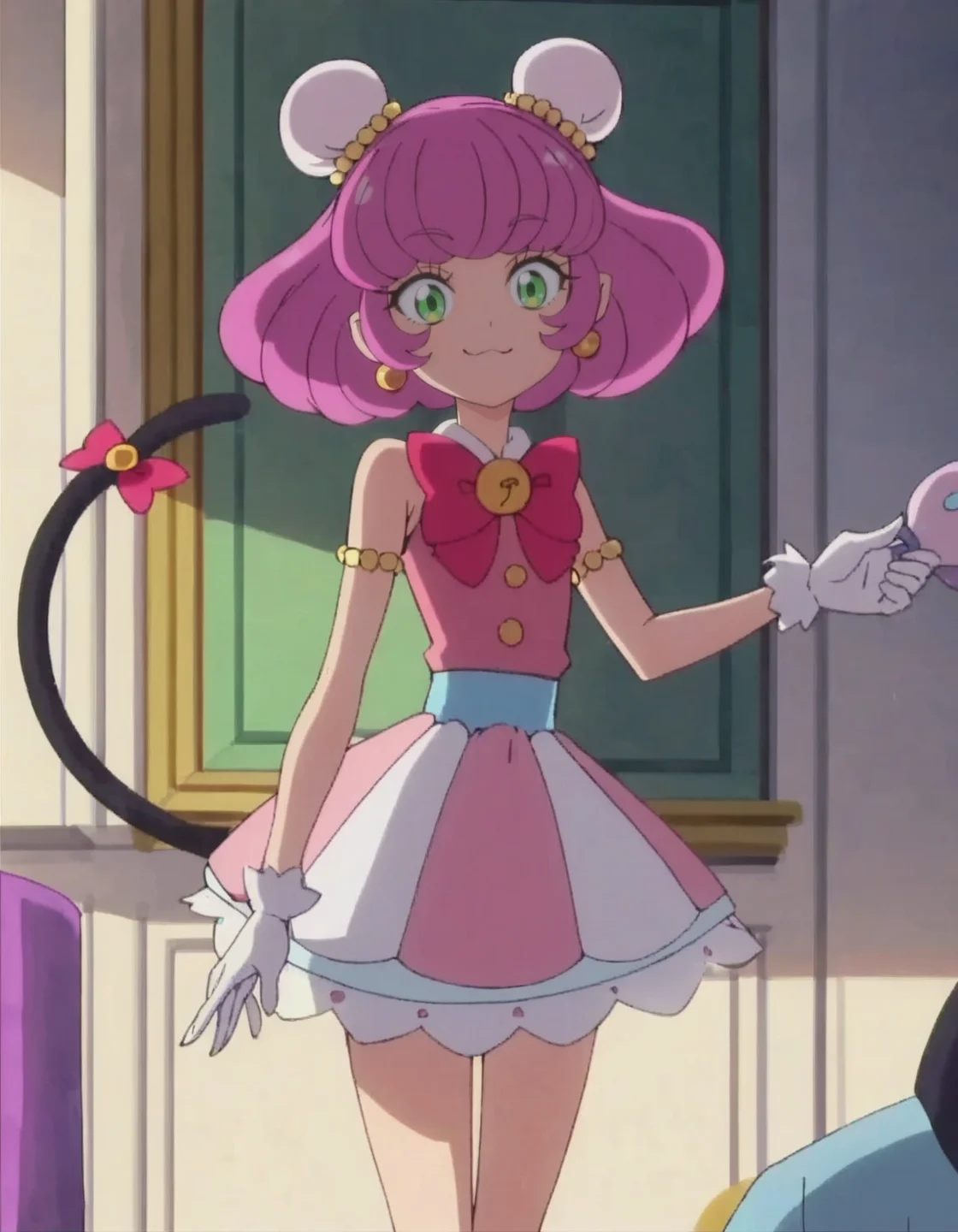 score_9, score_8_up, score_7_up, anime screencap, solo,1girl,mao, smile, white gloves, pink dress, jewelry, earrings, bow, sleeveless, bun cover, black cat tail, tail ornament,<lora:mao:0.8>
