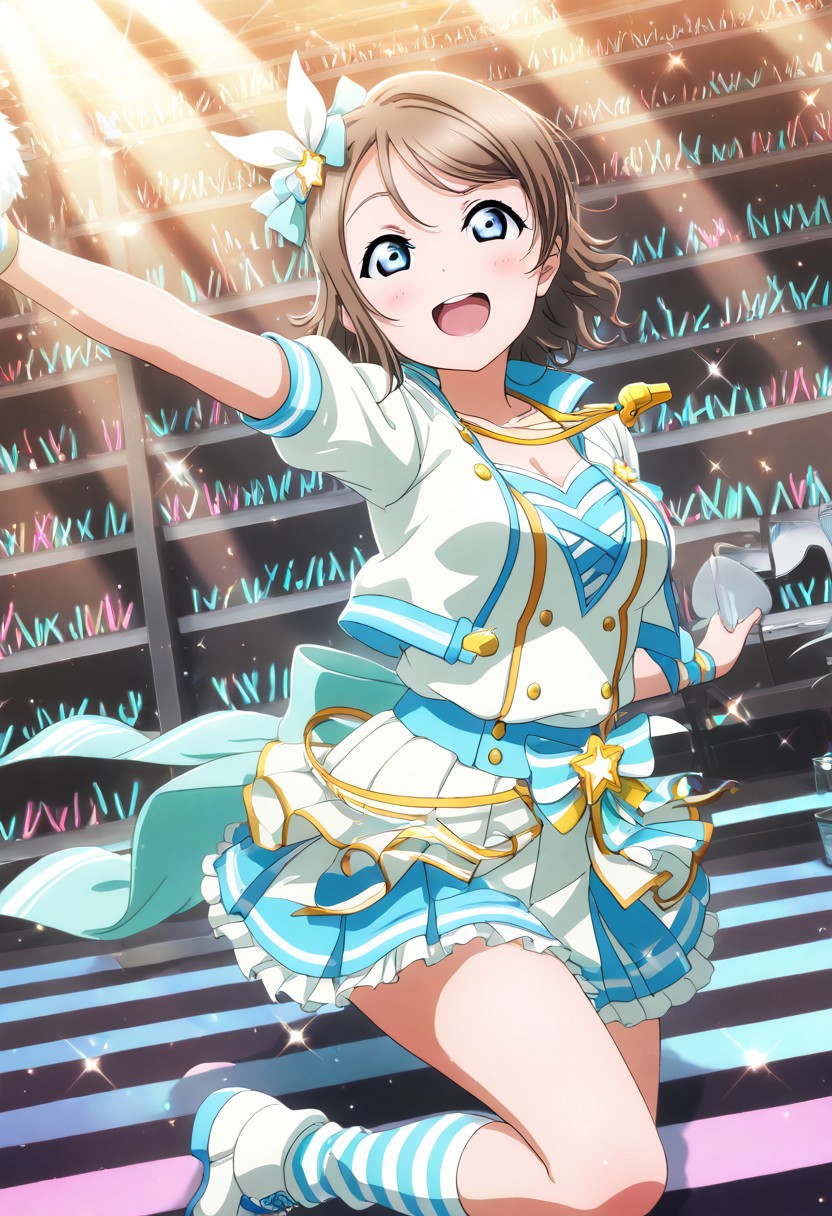 masterpiece, best quality, solo, 1girl, aged up, happy, medium breasts, 
 you_watanabe, watanabe_you, brown hair, blue eyes, short hair, swept bangs, sporty idol costume, cropped jacket, pleated mini skirt, striped socks, whistle necklace, bright gymnasium stage, spotlights shining down, cheering crowd, mid-leap with an excited smile, full of vitality and team spirit