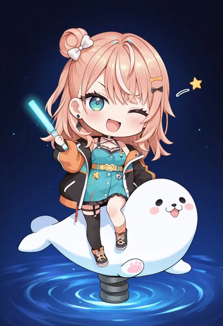 (anime coloring:0.8), (anime screencap:0.5), (masterpiece, best quality, newest, absurdres, highres),official art, official style, colorful,
white background, ((water world, )) standing on liquid, ((chibi, minimalism, ))
1girl,
<lora:niji-rika:0.8> niji-rika, large breasts, blue eyes, long eyelashes, orange hair, streaked hair, long hair, single hair bun, side hair bun, hair bow, white bow, hairclip, star hair ornament,
niji-rikacos1, aqua dress, short dress, frilled dress, sleeveless dress, criss-cross straps, backless dress, cleavage, yellow belt, cat-shaped buckle, black thigh band, asymmetrical legwear, mismatched legwear, uneven legwear, black thighhigh, short socks, orange socks, plaid socks, black choker, o-ring choker,
rikacos1-jacket, multicolored jacket, two-tone jacket, orange jacket, black jacket, open jacket, puffy long sleeves, off shoulder,
<lora:springrider_Illust_v1:0.8> spring rider, sitting, shoes, riding, outdoors, holding, seal (animal),
smile, light blush, open mouth, doyagao, v-shaped eyebrows,
solo focus, motion lines, squatting, looking at viewer,
one eye closed, wink star, knees up, hands on floor,
holding glowstick,